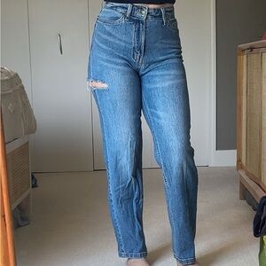 high waisted straight leg jeans with slit in thigh